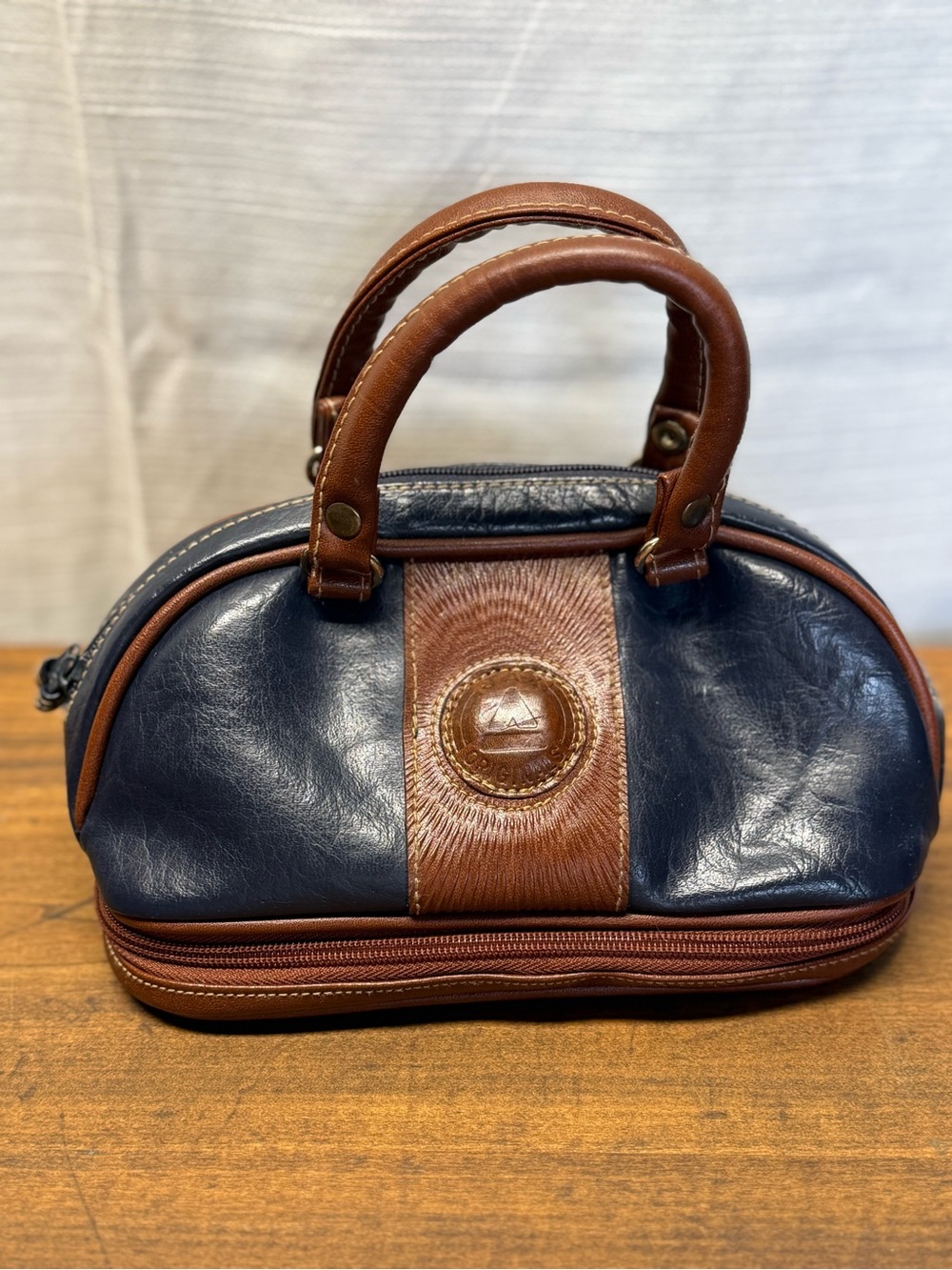 Vintage Jacksons Blue Brown Faux Leather Mini Top Handle Handbag Vanity Bag